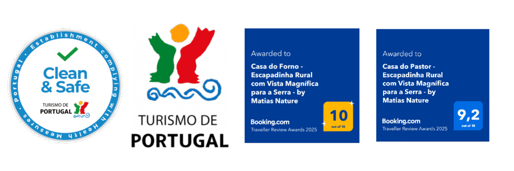 Selos de qualidade e prémios da Matias Nature: Clean & Safe Turismo de Portugal, Turismo de Portugal e Traveller Review Awards 2025 da Booking.com